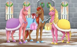 Size: 2456x1500 | Tagged: safe, artist:jenery, ponerpics import, oc, oc:cherry blossom, oc:cinder star, oc:rose petal, unofficial characters only, earth pony, pony, unicorn, christmas, christmas presents, christmas wreath, clothes, coat, female, holiday, horn, image, jewelry, magic, mare, png, present, siblings, sisters, smiling, snow, stepsisters, telekinesis, tiara, trio, wreath