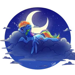 Size: 1000x1000 | Tagged: safe, artist:julieee3e, derpibooru import, rainbow dash, pegasus, pony, cloud, fanart, image, moon, night, on a cloud, onomatopoeia, png, sky, sleeping, sleeping on a cloud, solo, sound effects, stars, zzz