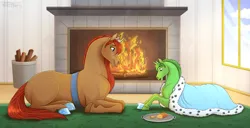 Size: 2000x1026 | Tagged: safe, artist:jenery, ponerpics import, oc, oc:cinder star, oc:evergreen, unofficial characters only, earth pony, pony, unicorn, bread, cloak, clothes, colt, duo, female, fire, fireplace, food, hoers, image, jewelry, male, mare, orphan, png, tiara