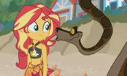 Size: 768x461 | Tagged: safe, artist:ocean lover, derpibooru import, edit, sunset shimmer, snake, bare midriff, bare shoulders, beach, belly button, bikini, clothes, crossover, disney, geode of empathy, hypno eyes, hypnosis, image, jpeg, kaa, kaa eyes, link in description, looking at each other, looking at someone, magical geodes, midriff, outdoors, sand, sarong, shell, summer, summer sunset, swimsuit, teal eyes, thumbnail, youtube link, youtube link in the description, youtube thumbnail, youtube video