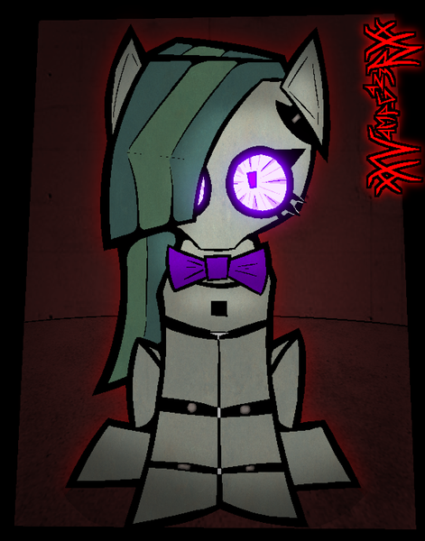 Size: 1172x1492 | Tagged: safe, artist:xxv4mp_g4z3rxx, derpibooru import, marble pie, earth pony, pony, robot, robot pony, bowtie, glow, glowing eyes, green coat, green mane, image, png, purple eyes, red background, signature, simple background, sitting, solo, two toned mane