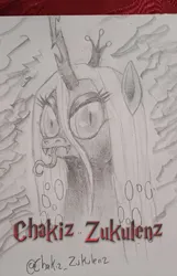 Size: 1800x2800 | Tagged: safe, artist:chakiz zukulenz, derpibooru import, queen chrysalis, changeling, cute, drawing, fangs, holes, image, looking at you, pencil, pencil drawing, photo, png, solo, tongue out, traditional art