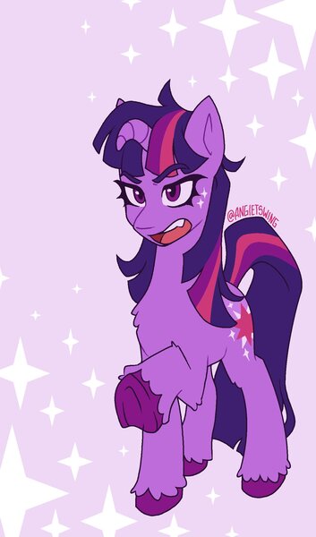 Size: 1296x2200 | Tagged: safe, artist:angietswing, derpibooru import, twilight sparkle, pony, unicorn, bridle gossip, abstract background, chest fluff, female, floppy horn, g4, horn, image, jpeg, mare, raised hoof, solo, twilight flopple, unicorn twilight, unshorn fetlocks