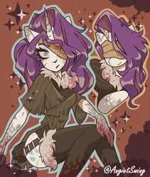 Size: 1600x1896 | Tagged: safe, artist:angietswing, derpibooru import, rarity, anthro, pony, unicorn, blood, butt, clothes, eyepatch, female, horn, image, mare, mlp infection, my little worms, png, satchel, scar, self paradox, self ponidox, solo, stitches