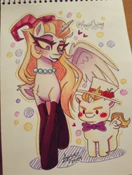 Size: 1536x2048 | Tagged: safe, artist:angietswing, derpibooru import, ponified, alicorn, pony, blushing, bowtie, clothes, devil horns, duo, female, hat, hazbin hotel, horns, image, jewelry, jpeg, lilith morningstar, lucifer morningstar (hazbin hotel), male, mare, meme, necklace, pearl necklace, size difference, socks, stallion, the bride and the ugly ass groom, top hat, traditional art