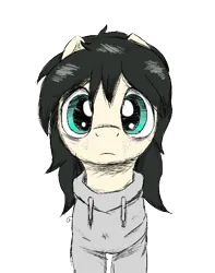 Size: 406x516 | Tagged: safe, artist:ricy, ponerpics import, oc, oc:floor bored, earth pony, pony, clothes, female, hoodie, image, looking at you, mane, mare, mare stare, png, tired eyes