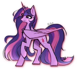 Size: 1500x1353 | Tagged: safe, artist:halo12zero, derpibooru import, twilight sparkle, twilight sparkle (alicorn), alicorn, pony, concave belly, eye clipping through hair, eyebrows, eyebrows visible through hair, female, film grain, folded wings, g4, horn, image, large wings, long mane, long tail, mare, older, older twilight, older twilight sparkle (alicorn), png, raised hoof, simple background, slender, smiling, solo, standing, tail, thin, white background, wings