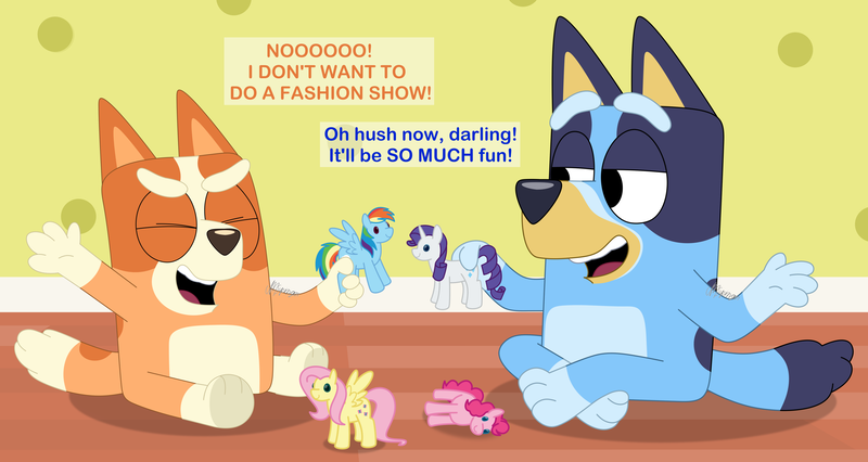 Size: 4926x2622 | Tagged: safe, artist:feather_bloom, derpibooru import, fluttershy, pinkie pie, rainbow dash, rarity, dog, earth pony, pegasus, pony, unicorn, bingo heeler, bluey, bluey heeler, crossover, detailed background, dialogue, doll, dollified, horn, image, inanimate tf, png, pretend, toy, transformation