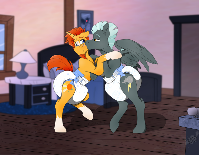 Size: 2174x1695 | Tagged: safe, artist:padded_red_dragon, derpibooru import, sunburst, thunderlane, pegasus, pony, unicorn, bedroom, bipedal, blushing, diaper, diaper fetish, duo, embrace, fetish, heart, horn, image, kiss on the cheek, kissing, male, non-baby in diaper, png, stallion, thick diaper