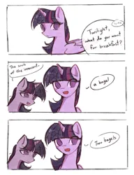Size: 1504x1955 | Tagged: safe, artist:halo12zero, derpibooru import, mean twilight sparkle, spike, twilight sparkle, twilight sparkle (alicorn), alicorn, pony, 3 panel comic, clone, comic, dialogue, evil clone, eye clipping through hair, eyebrows, eyebrows visible through hair, female, folded wings, g4, horn, image, mare, no pupils, offscreen character, open mouth, png, simple background, speech bubble, white background, wings