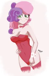 Size: 3000x4633 | Tagged: suggestive, artist:toxinagraphica, derpibooru import, sweetie belle, human, equestria girls, animal costume, breasts, bunny costume, bunny suit, busty sweetie belle, clothes, costume, cute, g4, image, older, older sweetie belle, png, sexy, simple background, smiling, socks, solo, stockings, thigh highs
