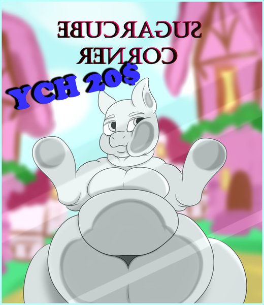Size: 3020x3484 | Tagged: questionable, artist:strange tartlet, derpibooru import, pony, against glass, belly, big belly, butt, chubby cheeks, commission, fat, fat fetish, fetish, glass, huge belly, huge butt, image, large butt, obese, png, solo, squishy cheeks, sugarcube corner, your character here