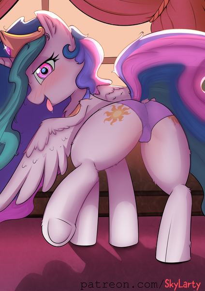 Size: 2894x4093 | Tagged: suggestive, artist:skylarty, derpibooru import, princess celestia, alicorn, pony, big head, butt, g4, image, looking at you, looking back, looking back at you, png, raised leg, solo, sunbutt, tongue out, wings
