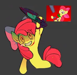Size: 1084x1055 | Tagged: semi-grimdark, artist:casinokip, artist:ponykip, derpibooru import, apple bloom, earth pony, pony, bags under eyes, blood, bloody knife, blush sticker, blushing, bow, chainsaw, creepy, creepy smile, diamonds hd, eye clipping through hair, fangs, female, filly, foal, g4, gray background, hair bow, hoof hold, image, implied death, jpeg, knife, long mane, raised hoof, red mane, red tail, reference, short tail, simple background, smiling, solo, straight mane, straight tail, tail, wide eyes, yellow coat, yellow eyes