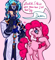 Size: 1873x2048 | Tagged: safe, artist:39fanclub, derpibooru import, pinkie pie, earth pony, human, pony, clothes, dottore (genshin impact), genshin impact, gloves, i think we're gonna have to kill this guy, image, jpeg, meme, open mouth, pink background, simple background, speech bubble