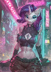 Size: 1000x1400 | Tagged: safe, ai content, derpibooru import, machine learning generated, prompter:star-dragon, stable diffusion, rarity, anthro, unicorn, belly button, breasts, bust, city, cyberpunk, ear fluff, female, g4, generator:pony diffusion v6 xl, horn, image, midriff, neon, night, png, portrait