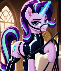 Size: 3429x4000 | Tagged: suggestive, ai content, derpibooru import, machine learning generated, prompter:midnightdashie, stable diffusion, starlight glimmer, pony, unicorn, bdsm, bridle, clothes, female, g4, generator:pony diffusion v6 xl, glow, glowing horn, high res, horn, image, jpeg, latex, latex jacket, latex stockings, lidded eyes, mare, socks, solo, solo female, stockings, tack, teeth, thigh highs, whip