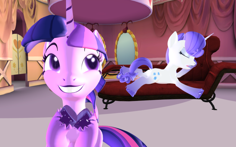 Size: 1920x1200 | Tagged: safe, artist:puzzlshield2, derpibooru import, rarity, twilight sparkle, pony, unicorn, lesson zero, season 2, 3d, 3d render, carousel boutique, drama queen, fainting couch, furniture, g4, image, mmd, png, rarity being rarity, recreation, scene interpretation, sitting, unicorn twilight