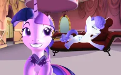 Size: 1920x1200 | Tagged: safe, artist:puzzlshield2, derpibooru import, rarity, twilight sparkle, pony, unicorn, lesson zero, season 2, 3d, 3d render, carousel boutique, drama queen, fainting couch, furniture, g4, image, mmd, png, rarity being rarity, recreation, scene interpretation, sitting, unicorn twilight