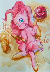 Size: 2585x3670 | Tagged: safe, artist:ph平和, derpibooru import, pinkie pie, earth pony, pony, birthday cake, cake, food, image, jpeg, looking at you, smiling, smiling at you, solo, traditional art, watercolor painting