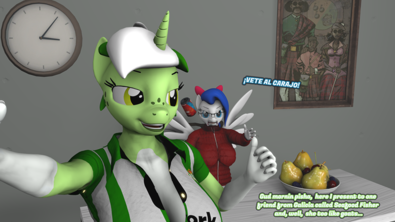 Size: 3840x2160 | Tagged: safe, alternate version, artist:zgsfm, derpibooru import, oc, oc:baetica castanets, oc:seafood fisher, unofficial characters only, anthro, pegasus, plantigrade anthro, pony, unicorn, 3d, 3d model, ;p, andalusia, breasts, coat markings, female, galisia, high res, horn, image, mare, one eye closed, png, raised hoof, real betis, spain, tongue out, tree, wink