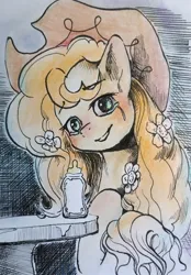 Size: 936x1348 | Tagged: safe, artist:ph平和, derpibooru import, pear butter, earth pony, image, jpeg, looking at you, milk bottle, smiling, smiling at you, solo, traditional art