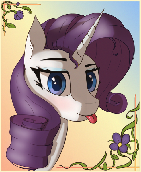 Size: 1144x1386 | Tagged: safe, artist:raritymylove, derpibooru import, rarity, pony, :p, blushing, bust, derpibooru exclusive, eyebrows, gradient background, image, looking at you, png, portrait, raised eyebrow, solo, tongue out