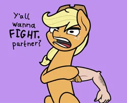 Size: 2048x1671 | Tagged: safe, artist:ewoudcponies, derpibooru import, applejack, earth pony, pony, arm, female, hand, image, png, purple background, rolling up sleeves, simple background, solo, suddenly hands, wat