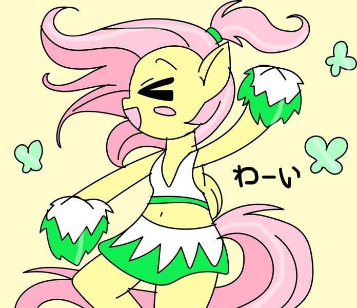 Size: 3232x2788 | Tagged: safe, derpibooru import, fluttershy, anthro, butterfly, insect, anime, belly button, cheerleader, image, jpeg, midriff, pom pom, ponytail