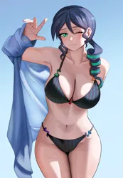 Size: 800x1158 | Tagged: suggestive, artist:tzc, derpibooru import, coloratura, human, belly button, big breasts, bikini, bikini bottom, bikini top, blushing, breasts, busty coloratura, cleavage, clothes, cute, female, g4, gradient background, hoodie, humanized, image, legs together, looking at you, one eye closed, png, rarabetes, shirt, smiling, smiling at you, solo, solo female, swimsuit, wink