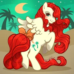 Size: 2400x2400 | Tagged: safe, artist:sparkytopia, derpibooru import, paradise, pegasus, pony, g1, bow, desert, female, green eyes, image, looking at you, mare, night, png, raised hoof, rearing, red mane, signature, solo, spread wings, tail, tail bow, white coat, wings