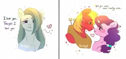 Size: 1631x768 | Tagged: safe, artist:mikkybun, derpibooru import, big macintosh, marble pie, sugar belle, earth pony, pony, unicorn, blushing, bust, dialogue, female, hair over one eye, heart, heartbreak, heartbroken marble, horn, image, jpeg, looking at each other, looking at someone, male, mare, shipping, simple background, smiling, smiling at each other, stallion, straight, sugarmac, teary eyes, white background