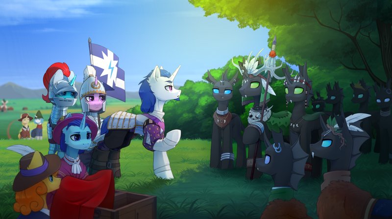 Size: 4000x2241 | Tagged: safe, artist:dipfanken, derpibooru import, oc, unofficial characters only, changeling, pony, unicorn, antlers, armor, bush, changeling oc, feather, flag, green changeling, group, hat, horn, image, meeting, png, scenery, spear, tree, unicorn oc, weapon, windmill