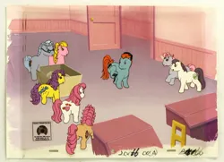 Size: 1000x723 | Tagged: safe, derpibooru import, bon bon (g1), clover (g1), miss hackney, patch (g1), starlight, sweetheart, teddy, earth pony, pony, g1, my little pony tales, animation cel, butt, chair, colt, desk, door, female, filly, foal, glasses, image, jpeg, male, mare, plot, raised hoof, standing, worried