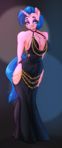 Size: 1624x3904 | Tagged: safe, artist:witchtaunter, derpibooru import, oc, oc:meridian, unofficial characters only, anthro, unicorn, arm behind back, breasts, chest fluff, cleavage, cleavage fluff, clothes, commission, curvy, dress, eyeshadow, female, fishtail dress meme, horn, hourglass figure, image, looking at you, makeup, meme, png, smiling, smiling at you, solo, unicorn oc