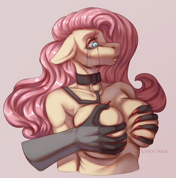 Size: 3660x3710 | Tagged: questionable, artist:lisochka69, derpibooru import, fluttershy, anthro, big breasts, breast grab, breasts, busty fluttershy, collar, crying, disembodied hand, female, female focus, floppy ears, g4, grope, hand, harassment, image, leash, makeup, mascara, nails, pink background, png, red nail polish, running makeup, sexual harassment, sharp nails, simple background, skindentation, solo focus