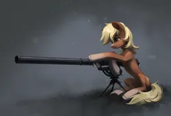 Size: 2651x1800 | Tagged: safe, artist:koviry, derpibooru import, ponified, ponified:sgt. reckless, earth pony, pony, abstract background, blaze (coat marking), blonde mane, blonde tail, brown coat, coat markings, colored pinnae, commission, concave belly, facial markings, gun, hoof hold, image, jpeg, long mane, long mane male, long tail, looking at someone, male, recoilless rifle, sitting, smiling, socks (coat marking), solo, stallion, tail, unshorn fetlocks, weapon, wingding eyes, yellow eyes