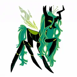 Size: 1200x1200 | Tagged: safe, artist:camo_ty, derpibooru import, queen chrysalis, changeling, changeling queen, pony, alternate color palette, alternate design, black coat, carapace, colored eyebrows, colored eyelashes, colored mouth, colored sclera, colored tongue, colored wings, concave belly, crown, fangs, female, floating wings, g4, gradient wings, green eyes, green sclera, green tongue, horn, image, insect wings, jewelry, jpeg, large horn, long horn, long legs, long mane, long tail, looking down, mare, open mouth, open smile, profile, raised hoof, redesign, regalia, sharp teeth, signature, simple background, slit pupils, smiling, spread wings, tail, teeth, thick horn, thin legs, tiara, torn ear, torn wings, wavy mane, wavy tail, white background, wings