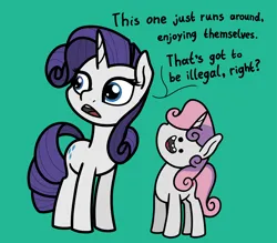 Size: 2048x1793 | Tagged: safe, artist:ewoudcponies, derpibooru import, rarity, sweetie belle, pony, unicorn, dialogue, dot eyes, duo, duo female, female, filly, foal, g4, green background, horn, image, mare, no fun allowed, open mouth, open smile, png, silly face, simple background, smiling, wat