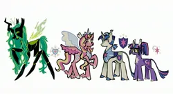 Size: 2900x1600 | Tagged: safe, artist:camo_ty, derpibooru import, princess cadance, queen chrysalis, shining armor, twilight sparkle, alicorn, changeling, changeling queen, pony, unicorn, alternate color palette, alternate cutie mark, alternate design, alternate eye color, alternate hair color, alternate hairstyle, alternate tailstyle, armor, big ears, big horn, blaze (coat marking), blue mane, blue tail, carapace, chestplate, coat markings, colored ears, colored eartips, colored eyebrows, colored hooves, colored horn, colored mouth, colored pinnae, colored sclera, colored tongue, colored wings, colored wingtips, concave belly, crown, curved horn, dot eyes, ear tufts, eart ufts, facial markings, fangs, female, fetlock tuft, floating wings, g4, glasses, gradient wings, green eyes, green mane, green sclera, green tail, green tongue, group, heart, heart mark, height difference, horn, image, insect wings, jewelry, jpeg, leonine tail, long horn, long legs, long mane, long tail, looking back, looking down, male, mare, multicolored mane, multicolored tail, open mouth, open smile, peytral, physique difference, pink coat, pink eyes, ponytail, purple coat, quartet, raised hoof, redesign, regalia, sharp teeth, shiny hoof, signature, simple background, size chart, size comparison, slit pupils, smiling, snip (coat marking), spread wings, stallion, tail, teeth, thick horn, thin legs, tiara, tied mane, torn ear, torn wings, two toned wings, unicorn twilight, wall of tags, wavy mane, wavy tail, white background, white coat, wing ears, winged hooves, wings