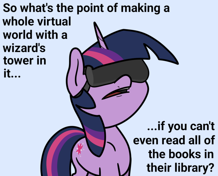 Size: 2048x1647 | Tagged: safe, artist:ewoudcponies, derpibooru import, twilight sparkle, pony, unicorn, blue background, book, female, g4, image, implied books, light blue background, mare, open mouth, png, simple background, solo, that pony sure does love books, unicorn twilight, virtual reality, vr headset