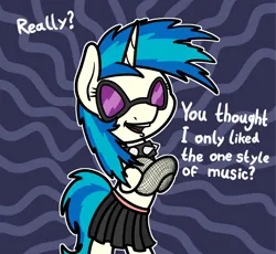 Size: 2048x1882 | Tagged: safe, artist:ewoudcponies, derpibooru import, vinyl scratch, pony, unicorn, bipedal, choker, clothes, female, horn, image, png, skirt, solo, spiked choker