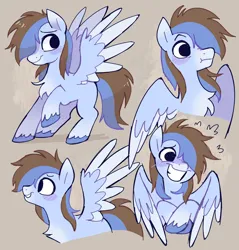 Size: 3252x3408 | Tagged: oc name needed, safe, artist:syrupyyy, derpibooru import, oc, unofficial characters only, pegasus, pony, :t, abstract background, big eyes, blue coat, blushing, chest fluff, coat markings, colored eartips, colored hooves, colored pinnae, colored wings, colored wingtips, emanata, eyebrows, gradient legs, hair over one eye, hooves together, image, jpeg, long mane, long mane male, long tail, looking back, male, partially open wings, pegasus oc, profile, purple blush, raised eyebrow, raised hoof, sheepish grin, smiling, socks (coat marking), spread wings, stallion, standing, tail, two toned mane, two toned tail, two toned wings, unshorn fetlocks, wings