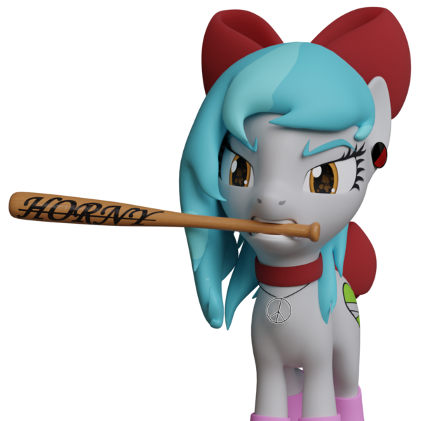 Size: 1080x1080 | Tagged: safe, artist:the luna fan, derpibooru import, oc, oc:sweet elis, unofficial characters only, earth pony, pony, 3d, angry, baseball bat, blender, blender cycles, bow, choker, clothes, derpibooru exclusive, earth pony oc, female, hair bow, horny jail, image, looking at you, mare, mouth hold, open mouth, peace sign, png, rainbow socks, simple background, socks, solo, striped socks, text, transparent background