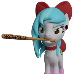 Size: 1080x1080 | Tagged: safe, artist:the luna fan, derpibooru import, oc, oc:sweet elis, unofficial characters only, earth pony, pony, 3d, angry, baseball bat, blender, blender cycles, bow, choker, clothes, derpibooru exclusive, earth pony oc, female, hair bow, horny jail, image, looking at you, mare, mouth hold, open mouth, peace sign, png, rainbow socks, simple background, socks, solo, striped socks, text, transparent background