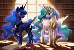Size: 1216x832 | Tagged: safe, ai content, machine learning generated, ponerpics import, ponybooru import, princess celestia, princess luna, alicorn, pony, anatomically incorrect, book, female, generator:pony diffusion v6 xl, image, incorrect leg anatomy, jewelry, jpeg, library, looking at each other, mare, regalia, royal sisters, siblings, sisters, window