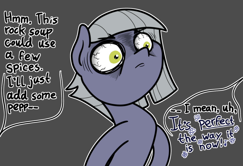 Size: 2048x1399 | Tagged: safe, artist:ewoudcponies, derpibooru import, limestone pie, earth pony, pony, angry, bloodshot eyes, female, food, gray background, image, png, rock soup, simple background, soup