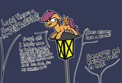 Size: 2048x1391 | Tagged: safe, artist:ewoudcponies, derpibooru import, scootaloo, pegasus, pony, blatant lies, denial, dialogue, female, filly, foal, gray background, image, lamppost, offscreen character, outline, png, simple background, solo, stuck, white outline