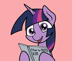 Size: 2048x1752 | Tagged: safe, artist:ewoudcponies, derpibooru import, twilight sparkle, pony, book, female, image, mlem, pink background, png, silly, simple background, solo, tongue out