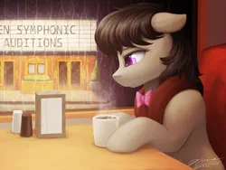 Size: 3200x2400 | Tagged: safe, artist:novaintellus, derpibooru import, octavia melody, earth pony, pony, audition, booth, bowtie, cafe, coffee, coffee mug, female, floppy ears, g4, high res, image, indoors, mare, mug, png, rain, signature, sitting, solo, table, theater, window